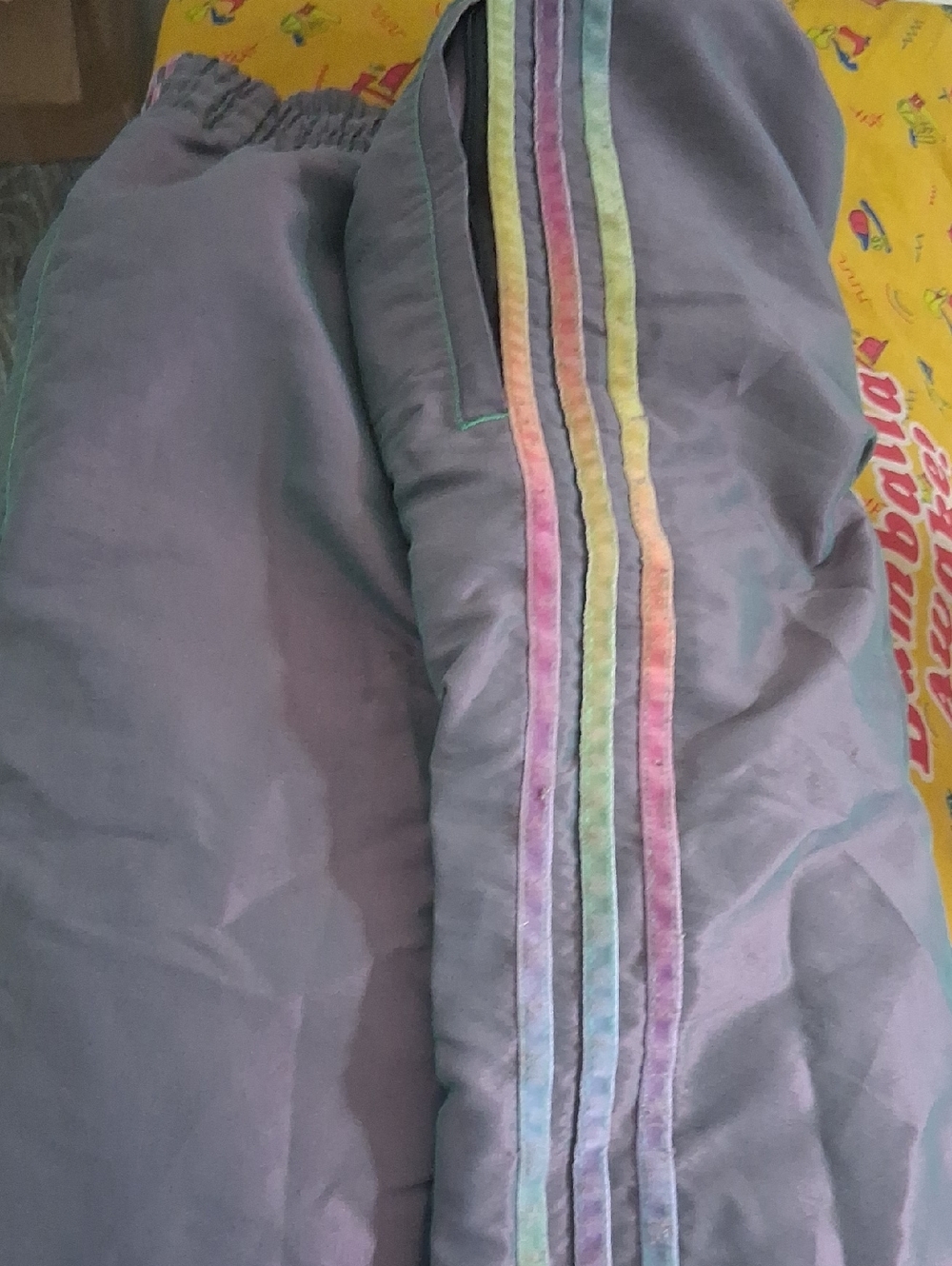 Gray Track Pants with Pastel Rainbow Stripes